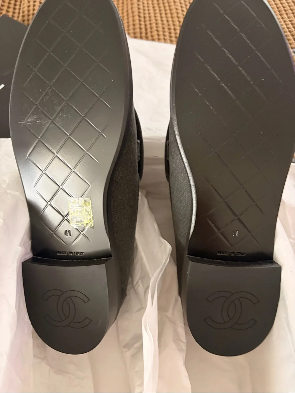 CHANEL Charcoal Quilted Canvas Loafers with Gold CC Chain